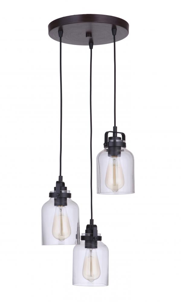 Foxwood 3 Light Pendant in Flat Black/Dark Teak