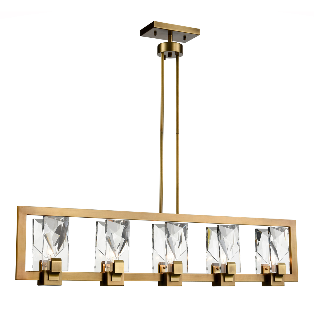 5-Light 46" Sleek Linear Aged Brass Crystal Chandelier