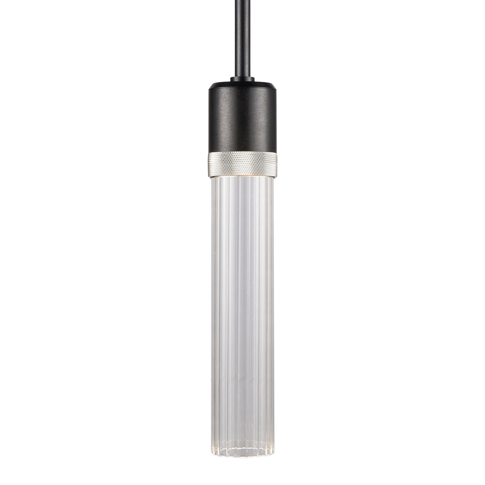 3" LED 3CCT Cylindrical Pendant Light, 12" Fluted Glass and Satin Brushed Black with Nickel