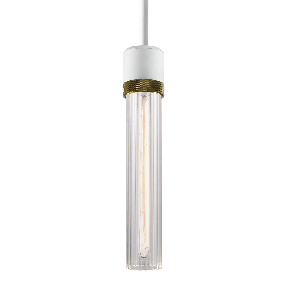 3" E26 Cylindrical Pendant Light, 12" Fluted Glass and Matte White with Brass Finish