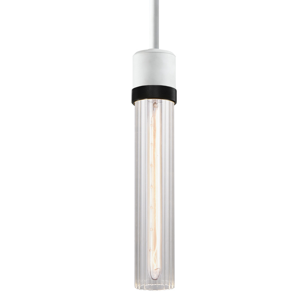 3" E26 Cylindrical Pendant Light, 12" Fluted Glass and Matte White with Black Finish