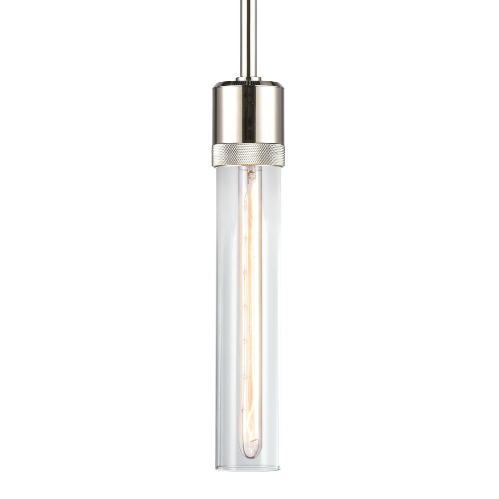 3" E26 Cylindrical Pendant Light, 12" Clear Glass and Polished Nickel Finish