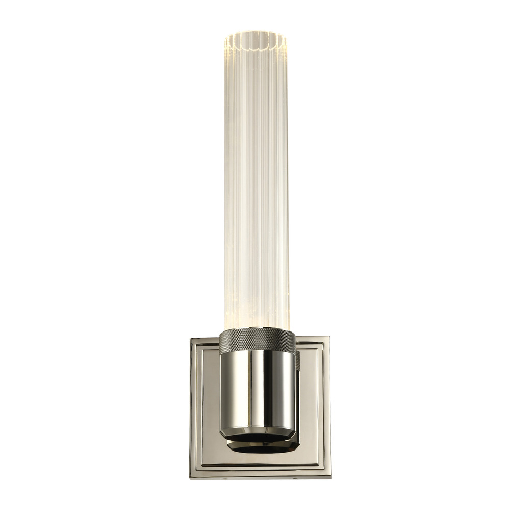 LED 3CCT Vertical Wall Sconce, 12" Fluted Glass and Polished Nickel Finish