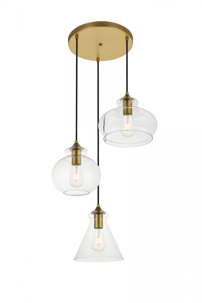 Destry 3 Lights Brass Pendant With Clear Glass