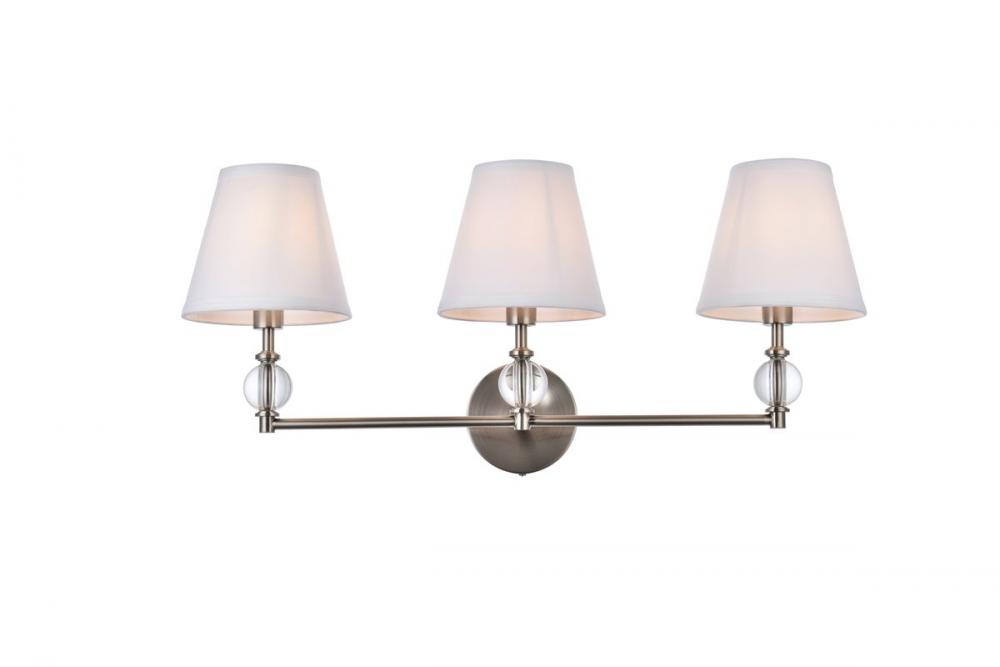 Bethany 3 lights bath sconce in satin nickel with white fabric shade