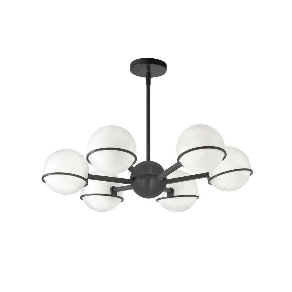 6 Light Halogen Chandelier, Matte Black with White Opal Glass