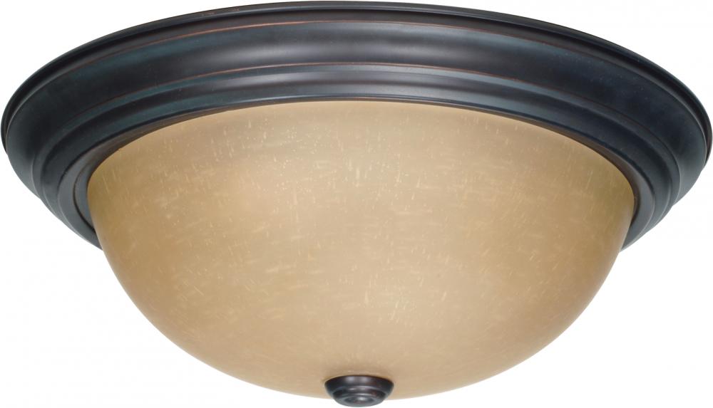 3 Light - 15" Flush with Champagne Linen Washed Glass - Mahogany Bronze Finish